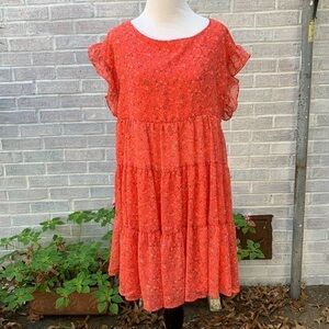 Emerald Floral Chiffon Tiered Cap Sleeve Dress Medium